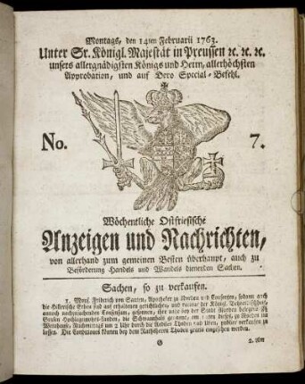 No. 7. Montags, den 14ten Februarii 1763.