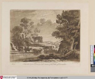 [Landschaft mit dem Zeichner rechts vorne, bei dem Wasser, im Grunde römische Ruinen.; A Landscape, with Peasants and Cattle. The Colosseum and the Arch of Septimius Severus are seen in the Distance. Claude himself is represented drawing.]