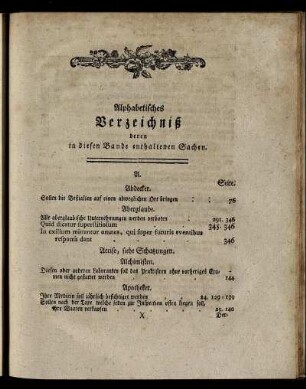 Alphabetisches Verzeichniß deren in diesen Bande enthaltenen Sachen.