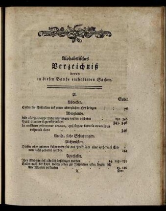 Alphabetisches Verzeichniß deren in diesen Bande enthaltenen Sachen.