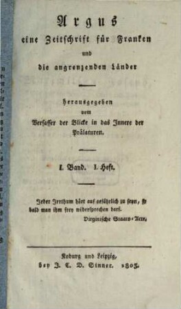 Argus : eine Zeitschrift für Franken und die angrenzenden Länder. 1, [1] = 1,1. 1803