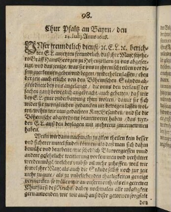 98-99, Chur Pfaltz an Bayrn den 14. Julij Anno 1618