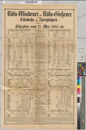 Köln-Mindener und Köln-Gießener Eisenbahn nebst Zweigbahnen. Fahrplan vom 15. Mai 1865 ab. Druck von M. DuMont-Schauberg in Köln