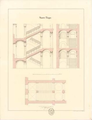 Thiersch, August ; Studienarbeiten - Massive Treppe (Grundriss, Schnitte)