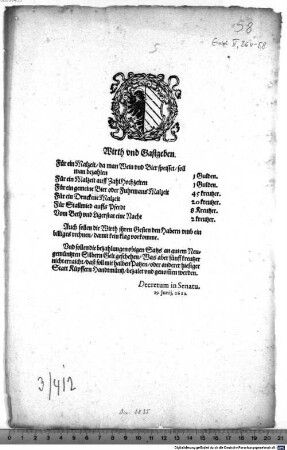 Wirth und Gastgeben : Decretum in Senatu, 19. Junij, 1622