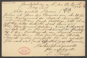Brief an B. Schott's Söhne : 28.04.1906