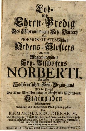 Lob- und Ehren-Predig des ... Magdeburgischen Erz-Bischoffens Norberti