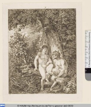 Satyr und Faun auf einem Baumstamm sitzend