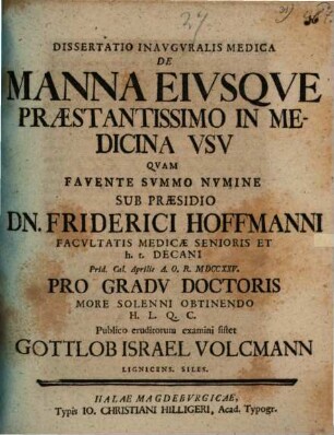 De manna eiusque praestantissimo in medicina usu : dissertatio