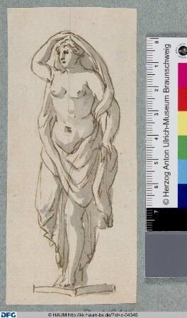 Stehende weibliche Figur mit entblößter Brust und erhobenem rechtem Arm