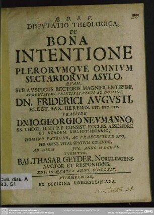 Disputatio Theologica, De Bona Intentione Plerorumque Omnium Secretariorum Asylo