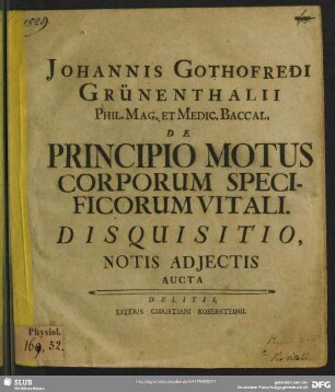 De Principio Motus Corporum Specificorum Vitali. : Disquisitio, Notis Adjectis Aucta