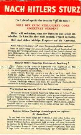 Abwurf-Flugblatt der Alliierten zur britischen Politik gegenüber Deutschland nach dem Sturz Hitlers