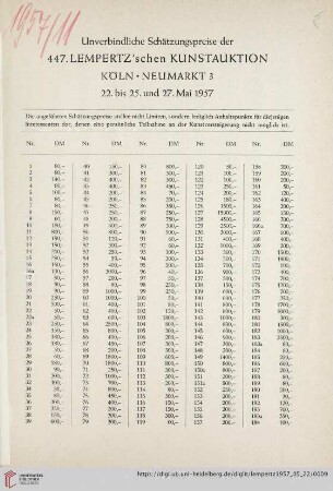 Unverbindliche Schätzungspreise der 447. Lempertz'schen Kunstauktion