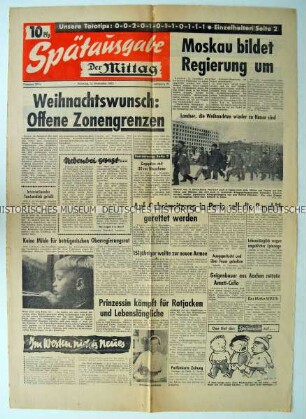 Titelseite der Spätausgabe der Tageszeitung "Der Mittag" zu Forderungen der Westalliierten nach Öffnung acht innerdeutscher Grenzübergänge über die Weihnachtsfeiertage