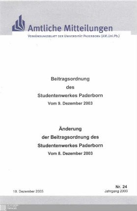 Beitragsordnung des Studentenwerkes Paderborn : vom 9. Dezember 2003