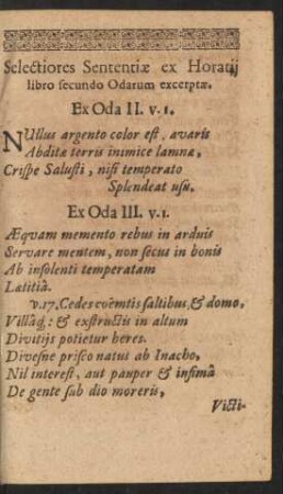 Selectiores Sententiae ex Horatij libro secundo Odarum excertae.