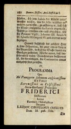 IV. Programma Quo Ad Panegyrin solemnem auspicatissimo Natali Serenissimi ac Celsissimi Saxo-Gothanii Principis Friderici ... L. Ludov. Christianus Crellius