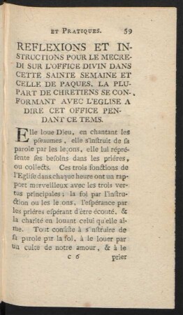 Reflexion Et Instructions Pour Le Mecredi Sur L'Office Divin Dans Cette Sainte Semaine Et Celle De Paques, ...