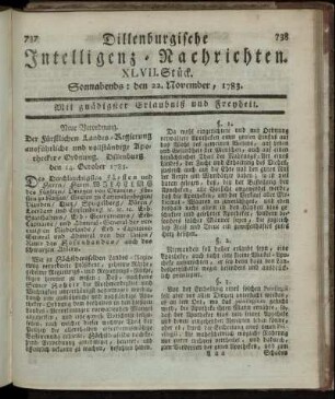 XLVII. Stück. Sonnabends: den 22. November, 1783.