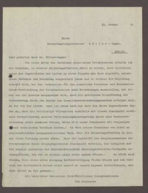 Schreiben von Hermann Hummel an Hermann Müller-Sagan, Reichstagsabgeordneter, Berlin: Stellungnahme der Fortschrittlichen Volkspartei zu Fragen der Hinterbliebenenvorsorge von Privatbeamten, 1 Schreiben