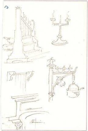 Hauberrisser, Georg von; u. a. Deutschland; Italien; Österreich; Skizzen - Leuchter, Treppe, Fenster u. Aufhängung (Ansichten, Perspektive, Detail)