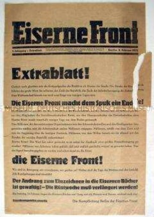 Extrablatt der Wochenzeitung der Eisernen Front mit einer Auflistung der Einzeichnungsstellen