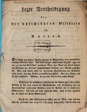 Lezte Vertheidigung gegen die unsichtbaren Gelehrten in Baiern : [München den 7. Febr. 1810]