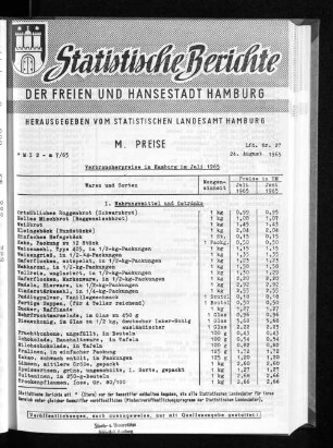 Verbraucherpreise in Hamburg im Juli 1965 : Lfd. Nr. 27