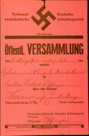 Versammlung der NSDAP-Ortsgruppe Löffingen: Warum nicht Hindenburg?