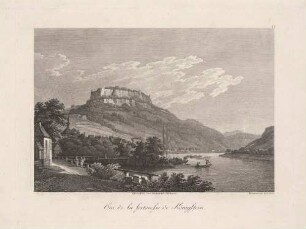 Die Stadt und die Festung Königstein auf dem gleichnamigen Tafelberg in der Sächsischen Schweiz vom Elbufer nach Westen, aus Rittners Dresden mit seinen Prachtgebäuden um 1810
