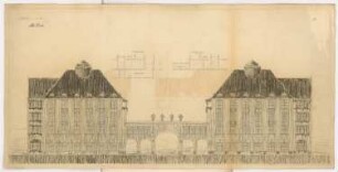 Torbau, Berlin-Steglitz Monatskonkurrenz Oktober 1908: Skizze Grundriss Erdgeschoss und Obergeschoss; Aufriss Straßenansicht