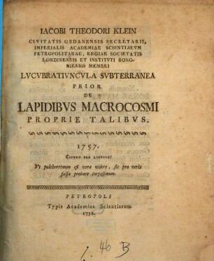 Lucubratiuncula subterranea prior. de Lapidibus Macrocosmi proprie talibus