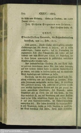 CXXV. Ebendesselben Generale, die Kuhpockenimpfung betreffend, vom 20. Febr. 1805