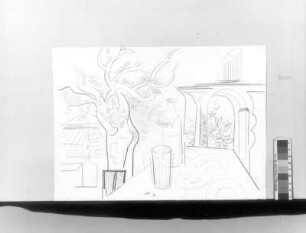 Konstruktives Ensemble mit Flasche, Glas und Eichenbaum : Konstruktives Ensemble mit Flasche, Glas und Eichenbaum. Bleistift- und Buntstiftzeichnung; 38,2 x 52,2 cm. 1983