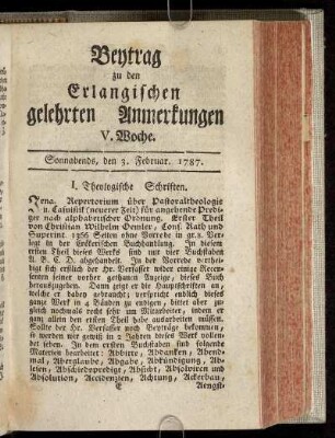 V. Woche. Sonnabends, den 3. Februar. 1787.