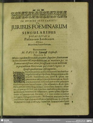 Decas Octava. Positionam Juridicarum Circa Materiem Successionum. Respondente M. Paulo Hörnigk Lipsiense