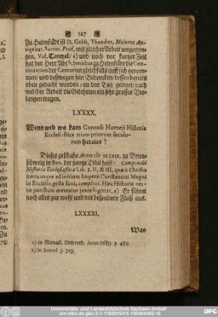 LXXXX. Wenn und wo kam Conradi Horneii Historia Ecclesiastica trium priorum seculorum heraus?
