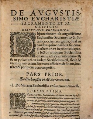 De Avgvstissimo Evcharistiae Sacramento Et Sacrificio Theologica Disputatio