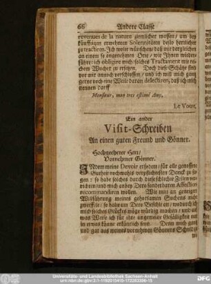 Ein ander Visit-Schreiben An einen guten Freund und Gönner.