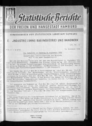 Die Industrie in Hamburg im September 1959 : Lfd. Nr. 17