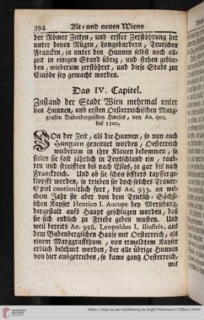 Das IV. Capitel. Zustand der Stadt Wien mehrmal unter den Hunnen, und ersten Oesterreichischen Marggrafen
