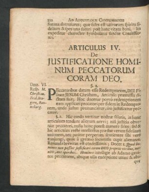 Articulus IV. De Iustificatione Hominum Peccatorum Coram Deo.