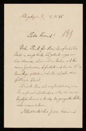 Nr. 16: Brief von Hermann Minkowski an Adolf Hurwitz, Königsberg, 7.10.1896