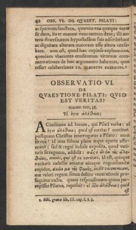 Observatio VI. De Quaestione Pilati: Quid Est Veritas?