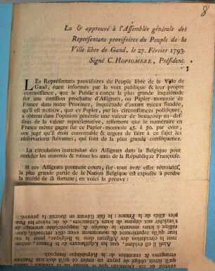 Lu & approuvé à l'Assemblée générale des Représentans provisoires du Peuple de la Ville libre de Gand, le 27. Février 1793