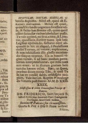 XXIIX. Inlustrissimo & eidem Clementissimo Principi & Domino, Dn. Friderico, Sacri Imperii Electori Archi-Mar. Saxonum Duci, Landgravio Thuringiae, Marchioni Misniae, Domino & Patrono suo clementissimo ... / Franciscus Lambertus