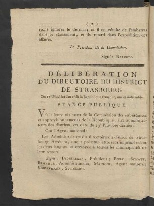Déliberation Du Directoire Du District De Strasbourg