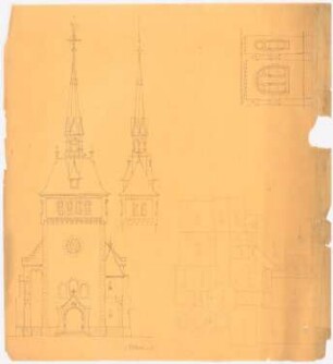 Kirche / Villa: Vorderseite Ansicht einer Kirche, Turmdetail, Rückseite Grundriss einer Villa