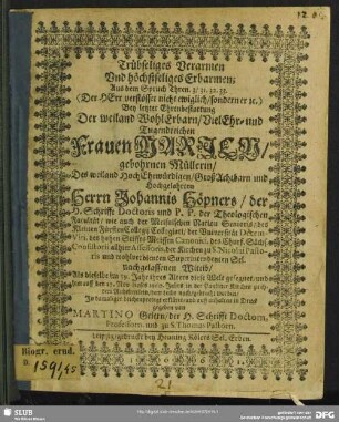 Trübseliges Verarmen... : bey letzter Ehrenbestattung der... Marien..., Johannis Höpners... Wittib...